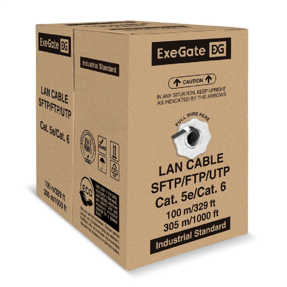 Exegate EX301068RUS Кабель ExeGate Special FUTP4-C5e-CU-S24-OUT-PE-BK-305-FLUKE FTP 4 пары кат.5e медь, 0.48мм (24AWG), FLUKE® test pass, экран, внешн., без троса, 305м, черн., PE