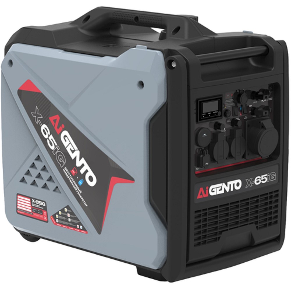 AiGento ИНВЕРТОРНЫЙ ГЕНЕРАТОР X-65iG {5.8 кВт ном.мощ., 6.4 кВт макс.мощ., 255 см* раб обьем, бенз., бенз/газ, запуск: руч/электр/дистанционный, 68 дБ Уровень шума, ДхШхВ 590х390х545,} [10112]