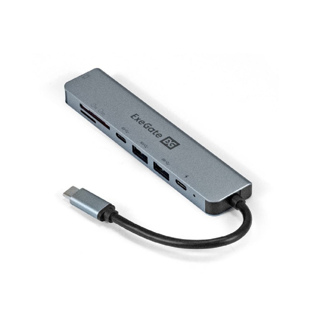 Exegate EX293983RUS Док-станция ExeGate DUB-21C/PD/CR/H (кабель-адаптер USB Type-C --> 2xUSB3.0 + Card Reader + PD 100W + HDMI 4K@60Hz, Plug&amp;Play, серый)