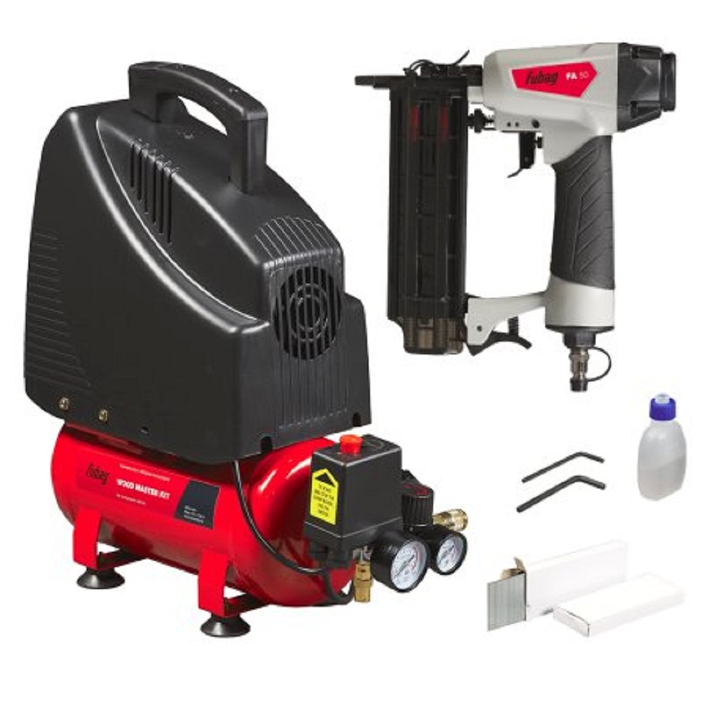 FUBAG WOOD MASTER KIT Компрессор + набор из 4 предметов [646035] {Реси- вер, л 6.Произ- водит., л/мин 180 Давле- ние, бар 8 Мощность, кВт1.1 Напря- жение, В 220 Вес, кг 14}
