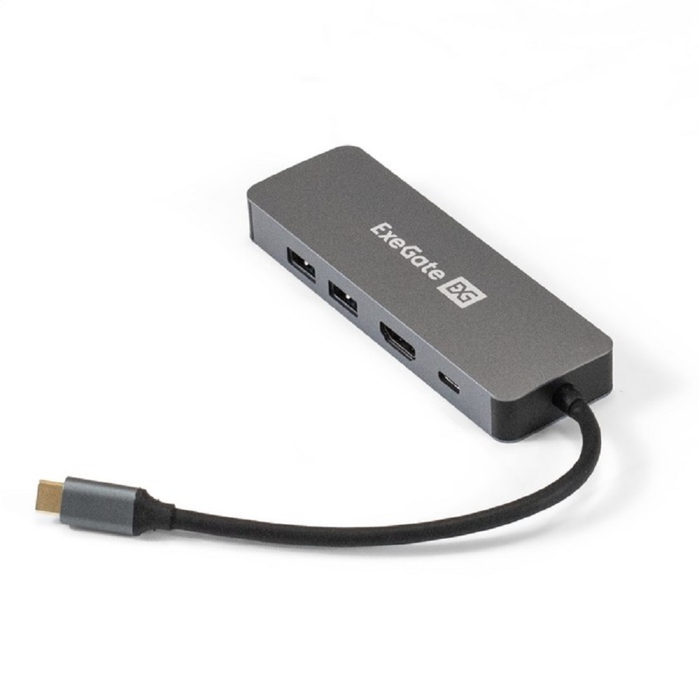 Exegate EX293982RUS Док-станция ExeGate DUB-21C/PD/HL (кабель-адаптер USB Type-C --> 2xUSB3.0 + PD 100W + HDMI 4K@60Hz + Lan RJ45 10/100/1000Mb, Plug&amp;Play, серая)