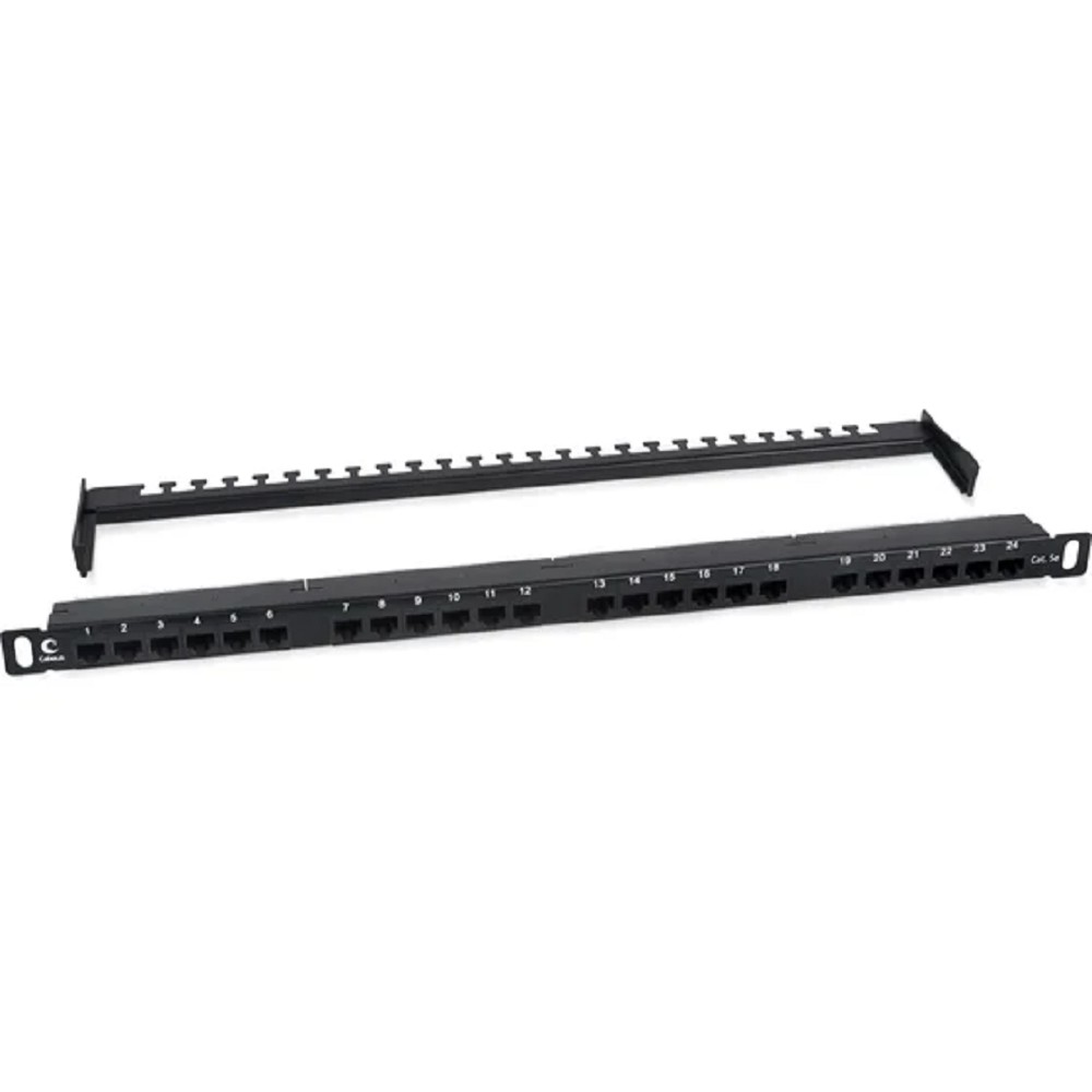 Cabeus PLHD-24-Cat.5e-Dual-180-0,5U Патч-панель высокой плотности 19" (0,5U), 24 порта RJ-45, категория 5e, Dual IDC,180 градусов, с задним кабельным организатором