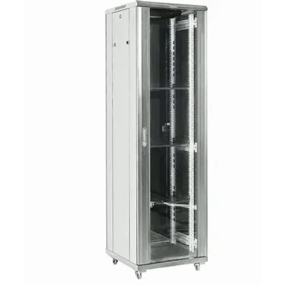 Rexant (04-1866-211) Шкаф телекоммуникационный напольный 18U 600х600мм пер.дв.стекл 2 бок.пан. металл направл.под винты 800кг серый 230град. IP20 сталь