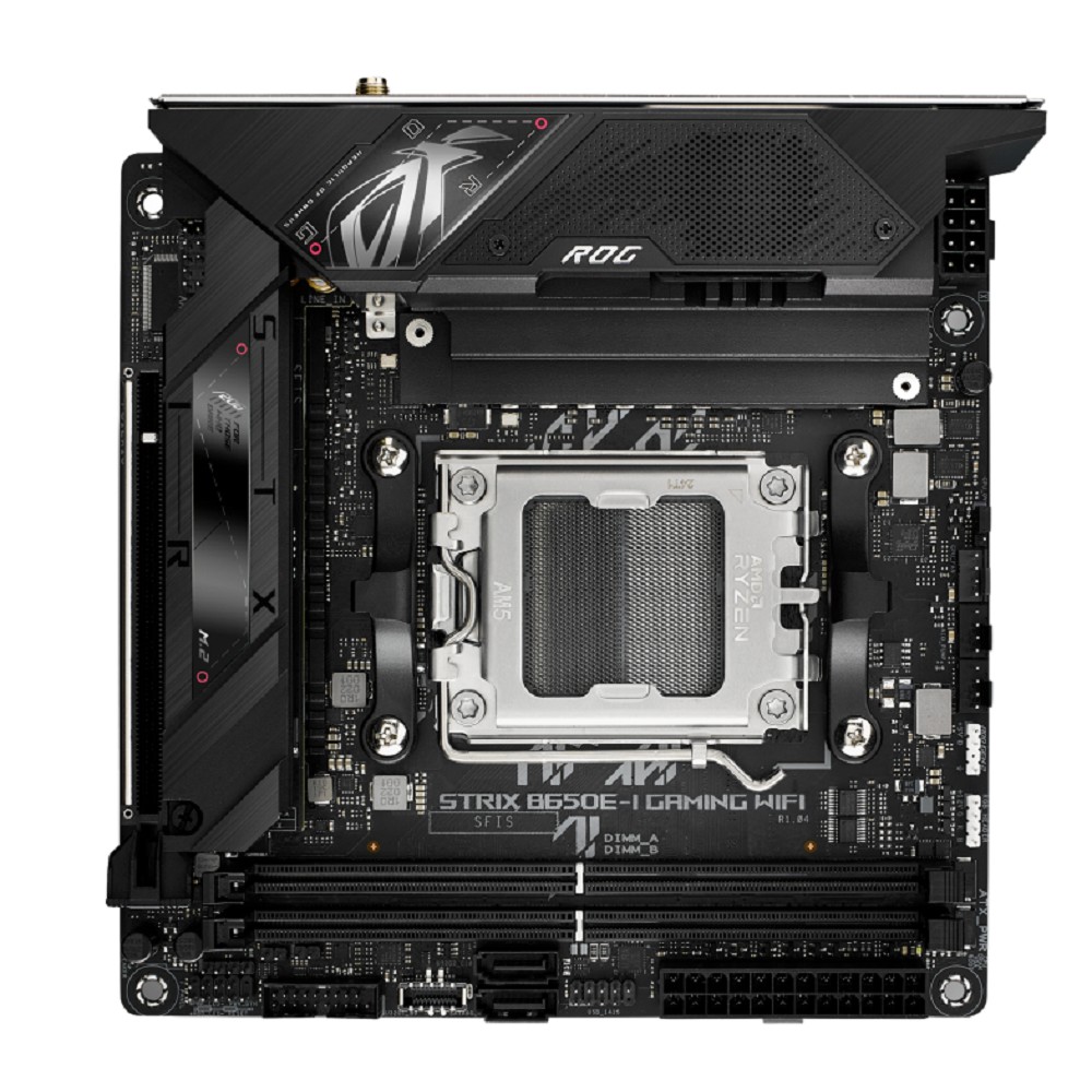 ASUS ROG STRIX B650E-I GAMING WIFI (Socket AM5, mini ITX, 2xDDR5(64GB), HDMI 2.1, 1xPCIe 5.0x16, 1xLAN (2.5GbE), Wi-Fi 6E, BT, 2xSATA 6Gb/s, 2xM.2, 2xType-C, 4xUSB 3.2, 2xUSB 2.0)