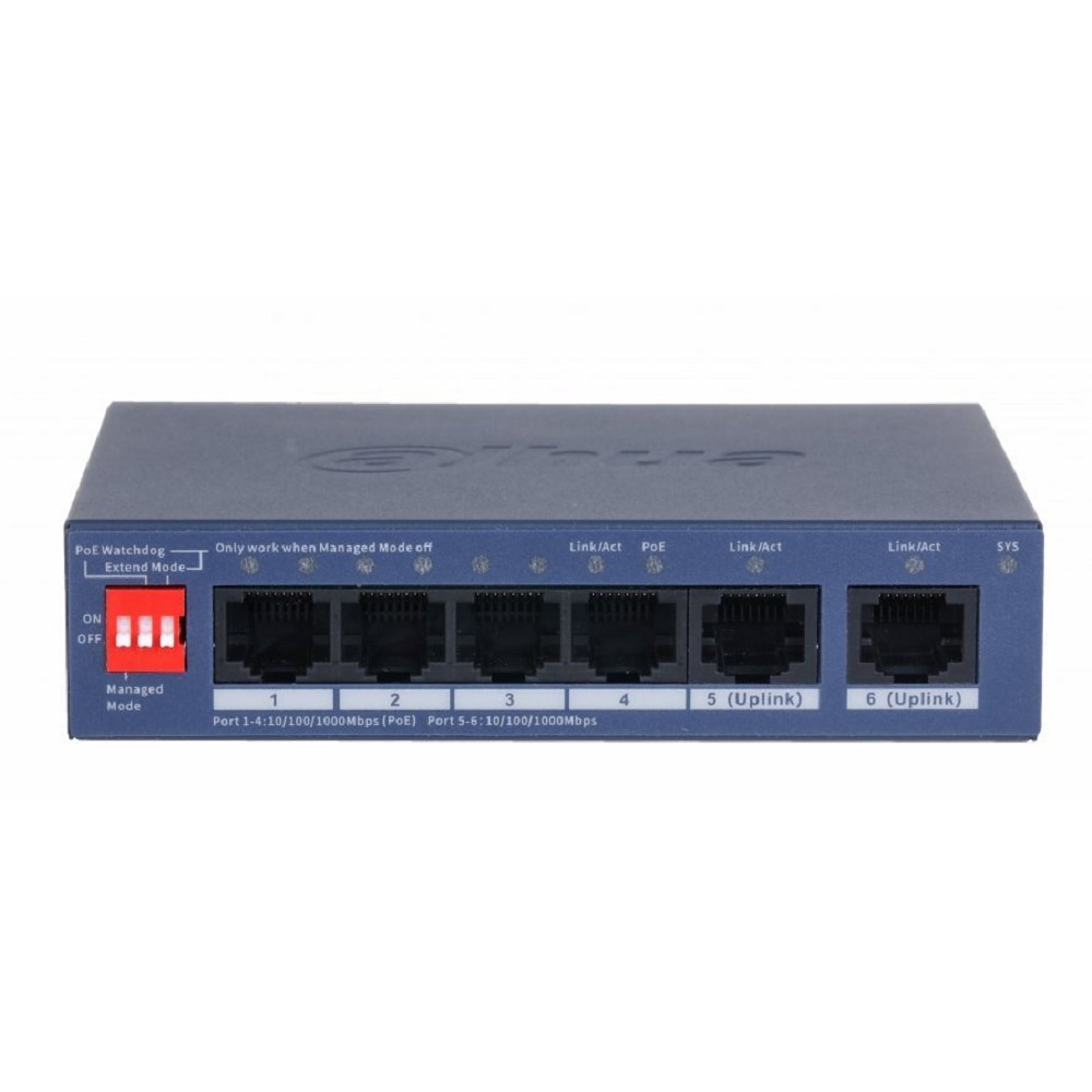 DAHUA DH-CS4006-4GT-36 4-портовый гигабитный PoE коммутатор с функцией облачного управления, 4 RJ45 10/100/1000Мбит/с (PoE/PoE+), 2 RJ45 10/100/1000Мбит/с (uplink)