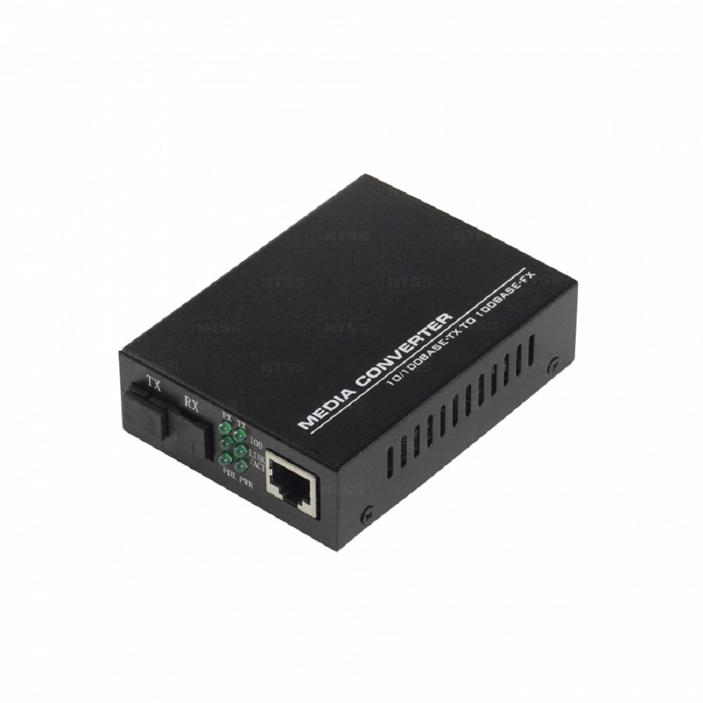 NTSS WDM медиаконвертер NTSS с RJ45 портом 10/100Base-T и 10/100Base-FX с разъемом SC, рабочая длина волны (передача/прием) 1550/1310 нм, SM, дальность до 20 км, DC 5В 2A NTSS-120B