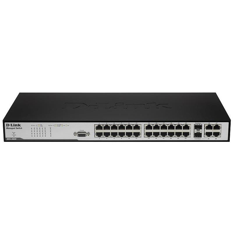 D-Link DES-3028_RFB/A2 Восстановленный в производственных условиях управляемый L2 коммутатор с 24 портами 10/100Base-TX, 2 портами 1000BASE-T и 2 комбо-портами 1000BASE-T/SFP.