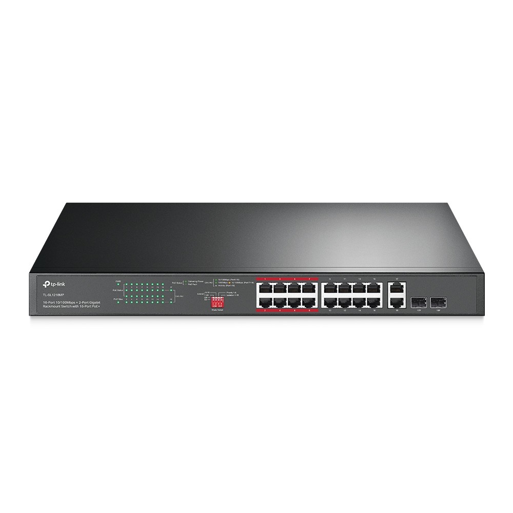 TP-Link TL-SL1218MP Неуправляемый коммутатор с 16 портами PoE+ 10/100 Мбит/с и 2 комбинированными портами RJ45/SFP