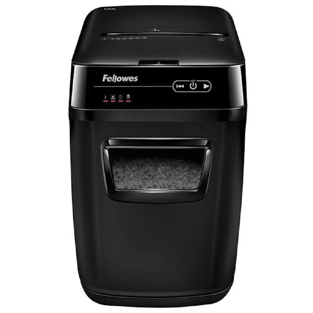 Fellowes Шредер AutoMax 150C FS-46801(01/02)*  {(секр.P-4)/фрагменты 4x38 мм,/150лист./32лтр./Уничт:скрепки, скобы, пл.карты,CD диски}