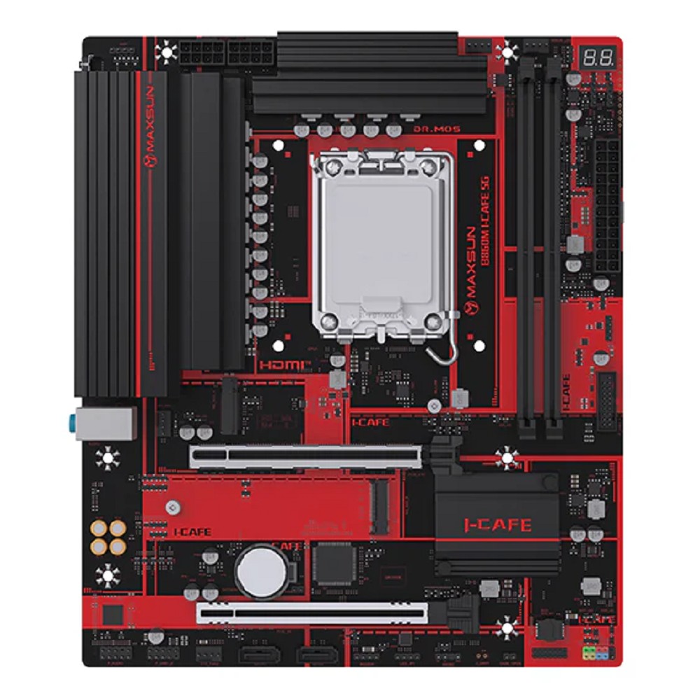 MAXSUN MS-B860M I-CAFE 5G (Socket 1851, mATX, 2*DDR5, HDMI, 2xSATA3, 2*M.2,1xPCI-Ex16/1xPCI-Ex4, 4*USB 2.0, 2*USB 3.2, LAN 1*5G, black-red, oem)