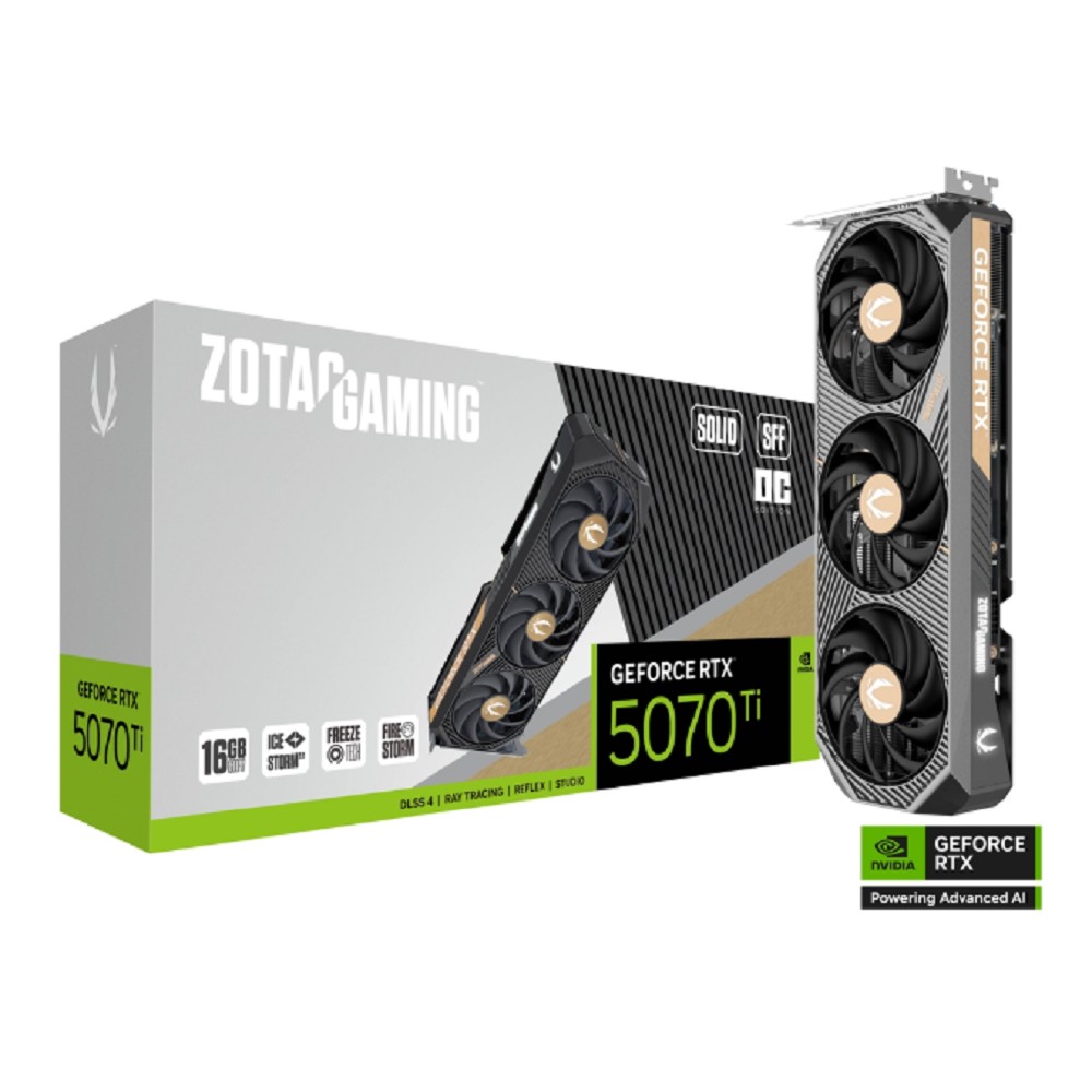 Видеокарта ZOTAC GAMING GeForce RTX 5070 Ti SOLID SFF OC 16GB GDDR7 256bit 3*DP/HDMI 3FAN (ZT-B50710J3-10P) RTL PREMIUM PACK