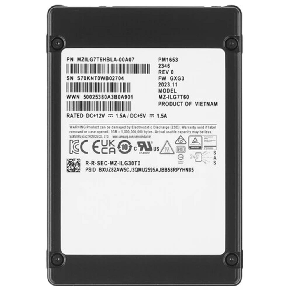 Samsung SSD PM1653, 7680GB, 2.5" 15mm, SAS 24Gb/s, 3D TLC, MZILG7T6HBLA-00A07