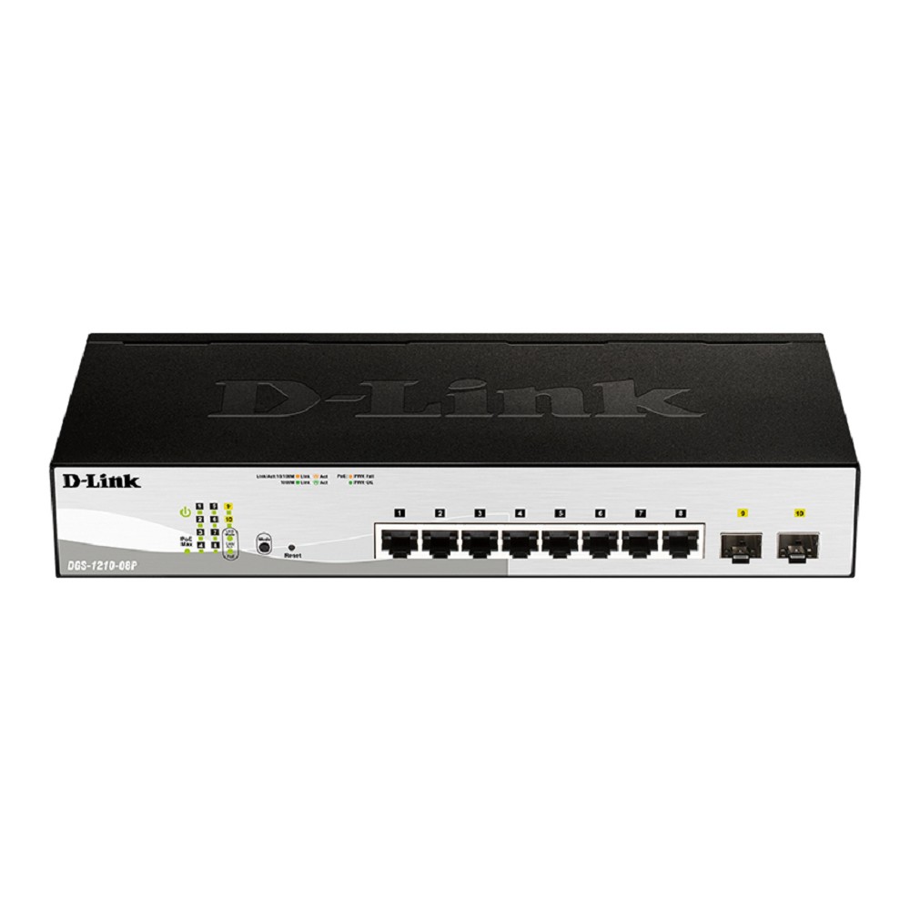 D-Link DGS-1210-08P/G3A Управляемый L2 коммутатор с 8 портами 10/100/1000Base-T и 2 портами 1000Base-X SFP (8 портов PoE 802.3af/at, PoE-бюджет 65 Вт)