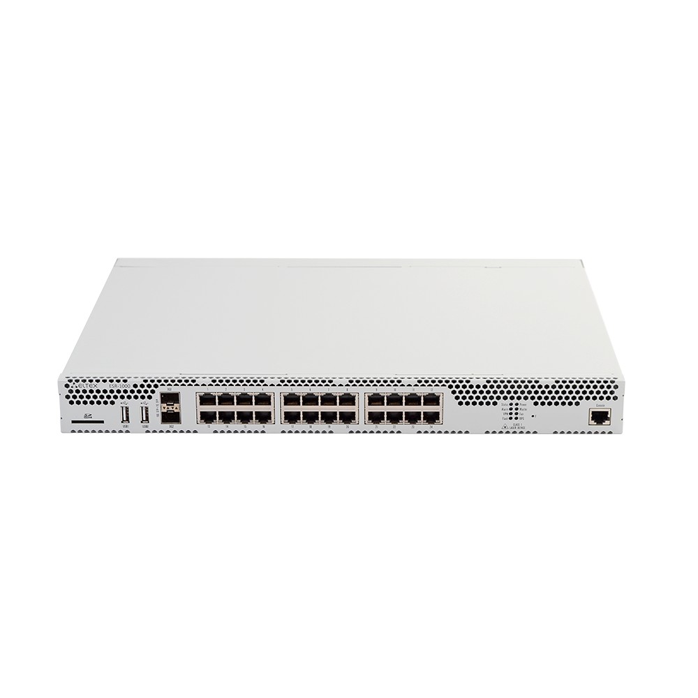 ELTEX ESR-1000 Сервисный маршрутизатор 24х 10/100/1000BASE-T, 2х 10GBASE-R(SFP+), 2x USB 2.0, 1 слот для SD-карт, 4Gb RAM, 1Gb Flash, 2 слота для модулей питания