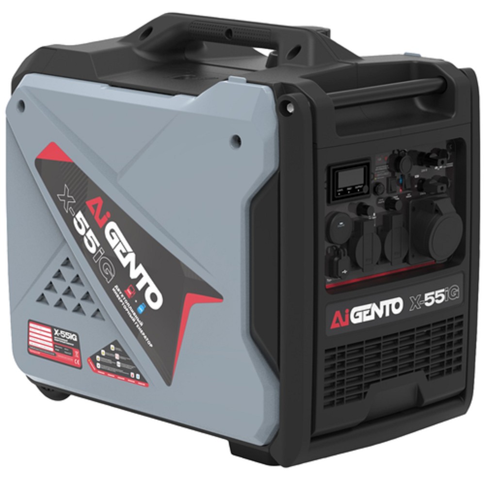 AiGento ИНВЕРТОРНЫЙ ГЕНЕРАТОР X-55iG {5 кВт ном.мощ., 5.5 кВт макс.мощ., 224 см* раб обьем, бенз., бенз/газ, запуск: руч/электр/дистанционный, 68 дБ Уровень шума, ДхШхВ 590х390х545} [10110]