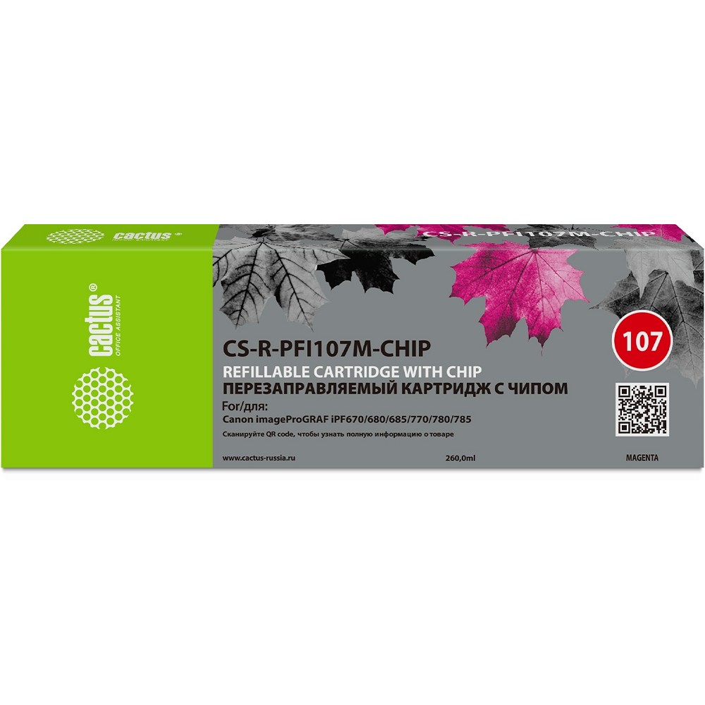 Картридж перезаправляемый струйный Cactus CS-R-PFI107M-CHIP пурпурный для Canon imageProGRAF iPF670/680/685/770/780/785