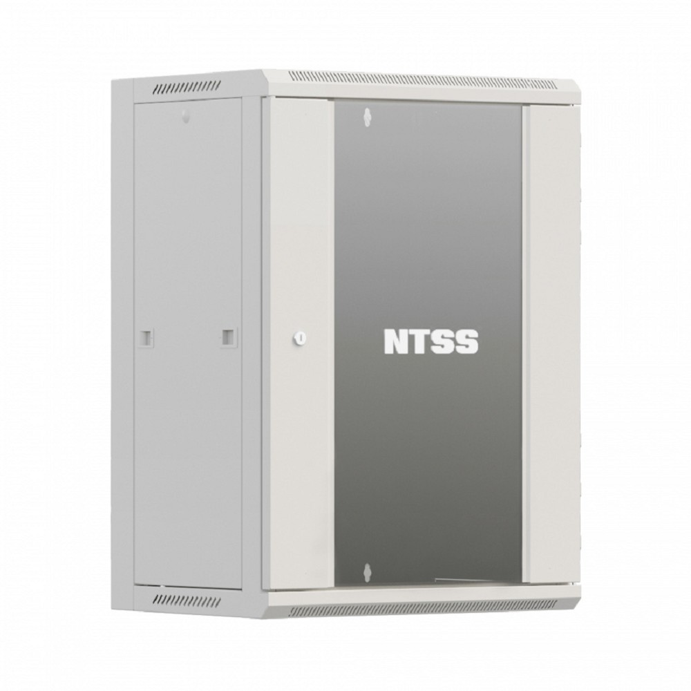 NTSS Шкаф настенный телекоммуникационный NTSS W 15U 600х600х770мм, 2 профиля 19, дверь стеклянная, боковые стенки съемные, задняя стенка, разобранный, серый RAL 7035 NTSS-W15U6060GS