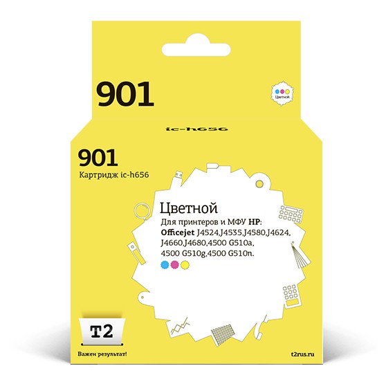 T2 CC656AE Картридж (IC-H656) №901 для HP Officejet J4524/J4535/J4580/J4624/J4660/J4680/4500 G510, цветной