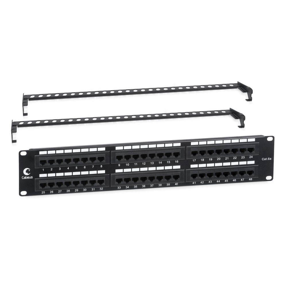 Cabeus PL-48-Cat.6a-Dual IDC Патч-панель 19" (2U), 48 портов RJ-45, категория 6a, Dual IDC, с задним кабельным организатором