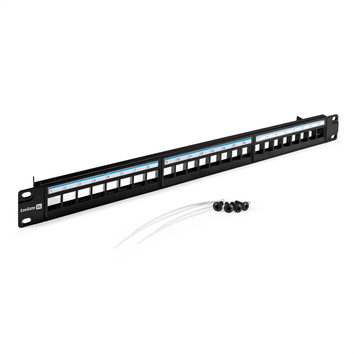 Exegate EX297320RUS Патч-панель модульная ExeGate EPPB-19-24 (19", UTP, 24 port, наборная, неэкранированная, 1U, RoHS, с кабельным органайзером, Black, RTL)