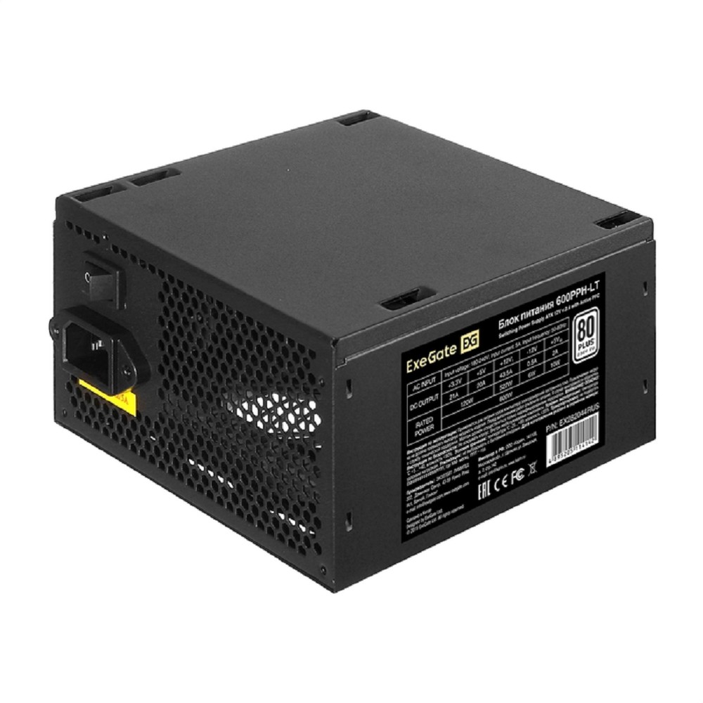 Exegate EX282044RUS Блок питания 600W Exegate 600PPH-LT,  80+, RTL, ATX, black, APFC, 12cm, 24p, (4+4)p, 5*SATA, 3*IDE