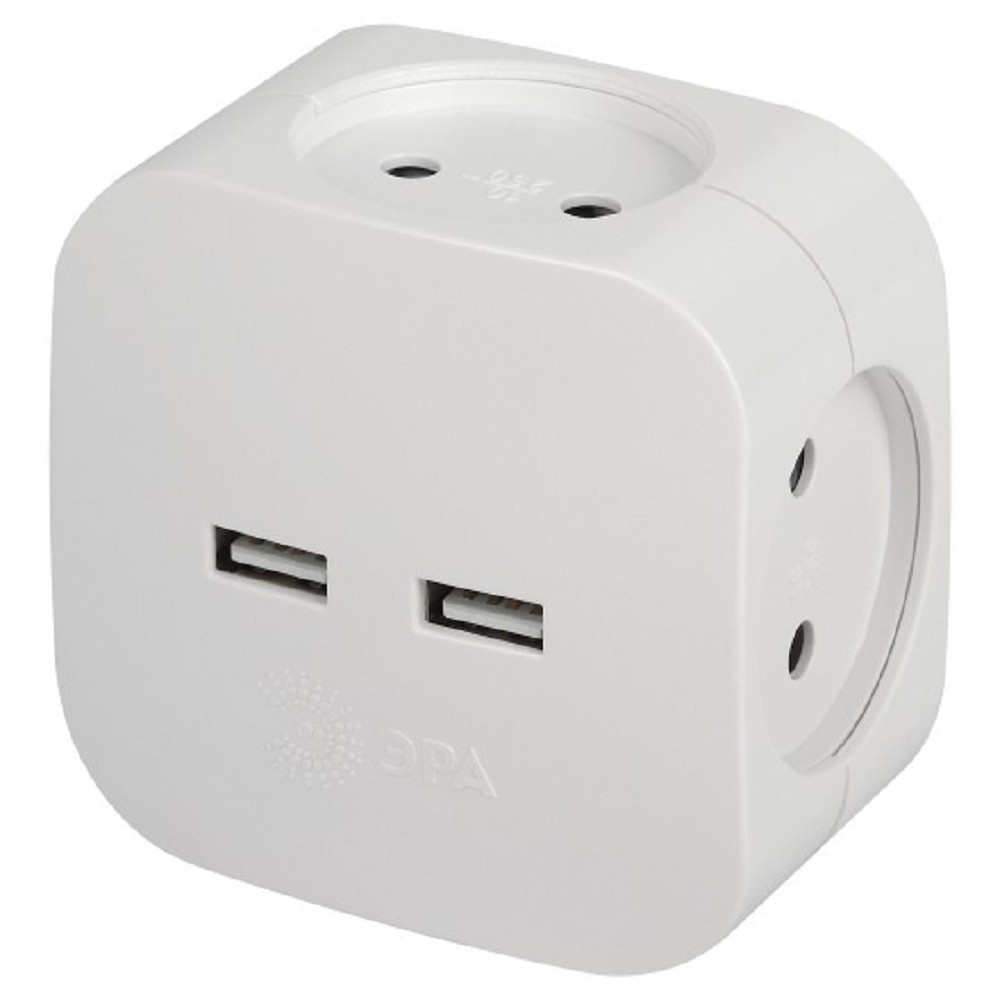 ЭРА Б0049532 Разветвитель электрический SP-4-USB-W на 4 розетки 220V + 2xUSB 2400mA, без заземл 10А (белый)